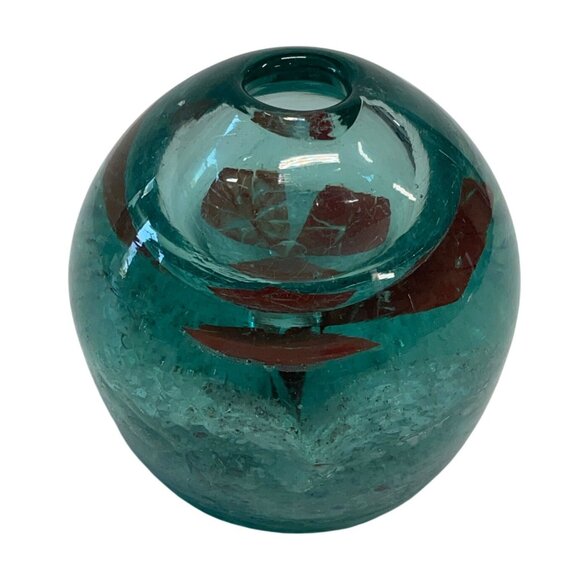 Handblown Turquoise Glass Vase With Embedded Red Flower Design - Picture 2 of 5